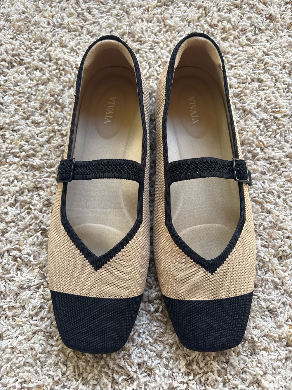 Vivaia Margot Mary Jane Square Toe Flats Nude Peach & Black Size 41.5 EU US 10